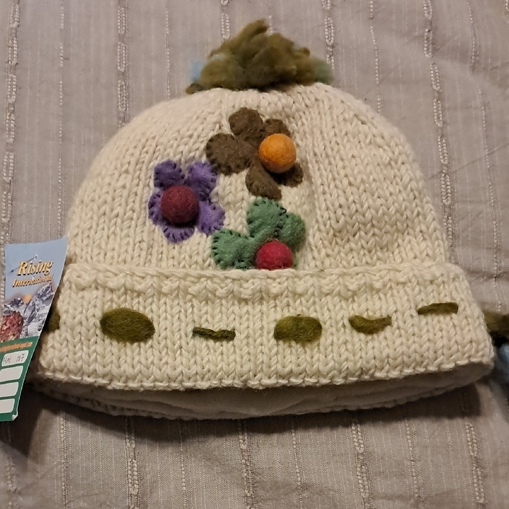 Rising International Made In Nepal' Boho Cream Lined Wool Hat Colorful Accents